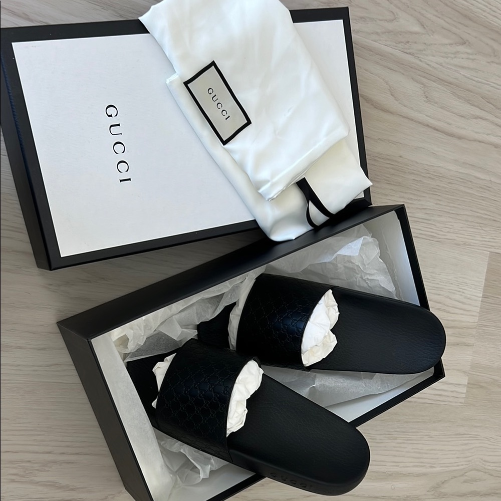 Gucci Black Embossed Slides
